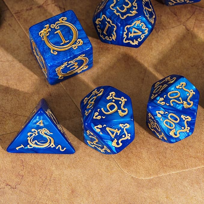 7-Die DND Dice Set Dragon Pattern Polyhedral Dice Set with Leather Bag D&D Dice Set for Dungeons and Dragons RPG MTG Table Games (Blue W/Gold Dragon Pattern)