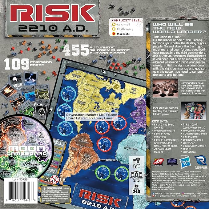 Renegade Game Studios: Risk 2210 A.D. - Risk Gameplay, New Twists, Mechs, Underwater & Moon Locations, Commanders, Ages 10+, 2-5 Players, 240 Min, Upadated with New Graphics and Rules