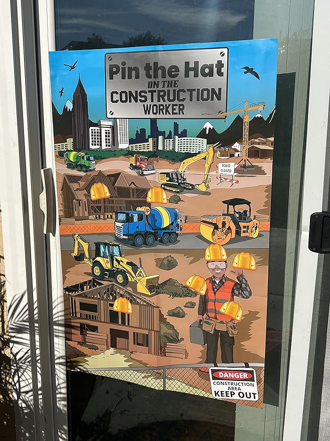 Jayd Products, Pin the Hat on the Construction Worker, Kids Construction Party Game 37 X 24 inches, Construction Birthday Party Supplies (40 Players)