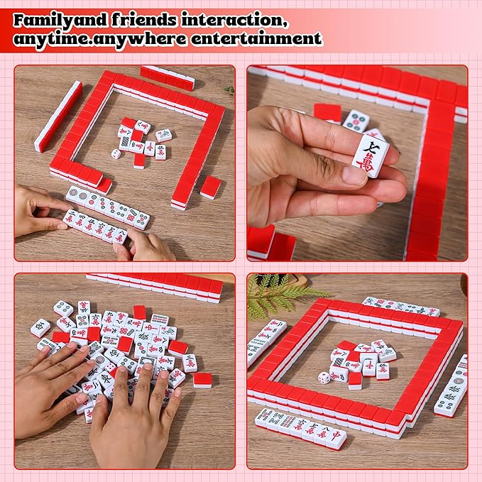 Traditional Mini Red Chinese Mahjong Game Set 144 Tiles, with Portable Handbag, Tile Size - 2.4 * 1.5 * 1.1 cm (1.0 * 0.6 * 0.5 inches)(中国麻将)
