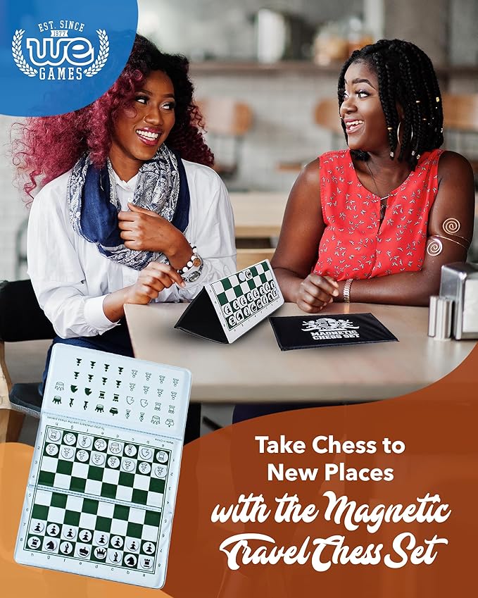 WE Games Mini Magnetic Travel Chess Set – 10-Inch Foldable Board with Durable Vinyl Pieces & Extra Queens– Indoor & Outdoor Magnetic Chess Game - White Logo