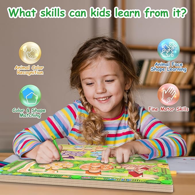 Magnetic Toys for Toddlers, Montessori Wooden Maze Puzzle Board - Fine Motor Skills Learning Toys for 3 4 5 Year Old, Color & Shape Matching Game, Sensory Educational Gift for Boys Girls