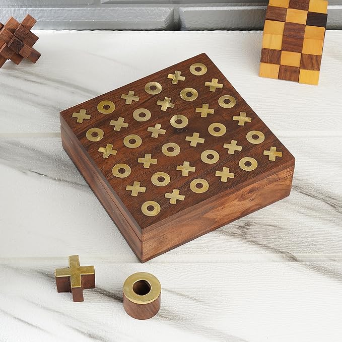 Ajuny Tic Tac Toe Wooden Board with Storage Box – Handcrafted in India with Brass Inlay, Stylish Tabletop Decor, 2 Player Family Toy for Indoor, Outdoor & Travel, Unique Gift Idea
