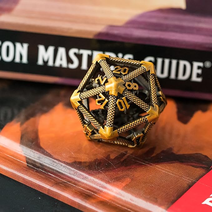 UDIXI 22mm D20 Metal Dice, Single D20 DND Dice, Hollow Dragon Design Polyhedral Dice D&D for Dungeons and Dragons, Role Playing Game (Ancient Golden)