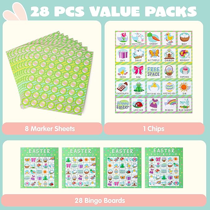 JOYIN 28 Players Easter Bingo Cards (5x5) for Easter Party Goodies Games, Kids School Classroom Gift, Indoor Family Activities, Basket Filler Stuffers