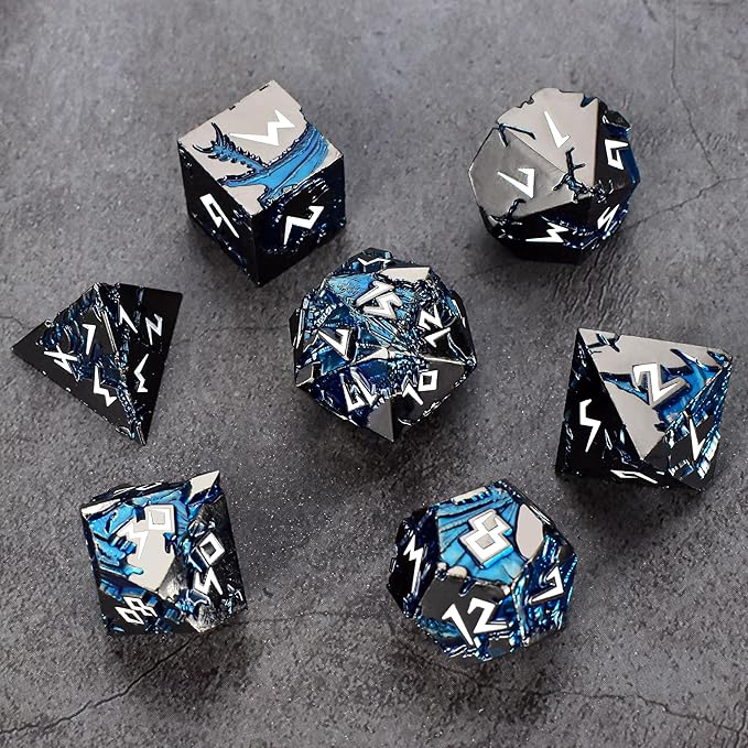 Rule Cool Metallic D&D Dice - Unique Polyhedral MTG RPG Gaming Blue Dragon Theme Dice Set In Black White Gift Box