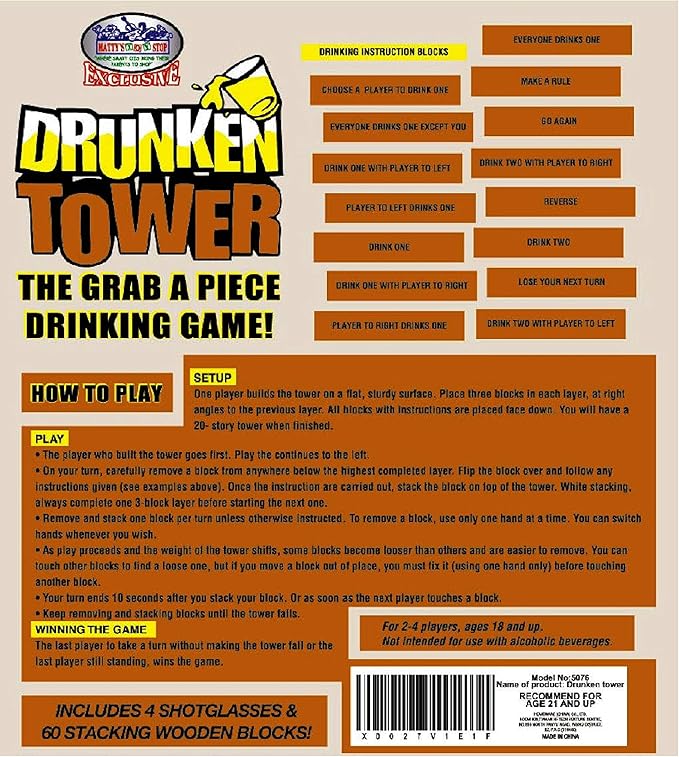 Homeware Deluxe Drunken' Tower The Grab A Piece Adult Party Game with Exclusive Matty's Toy Stop Storage Bag - Adult Party Game