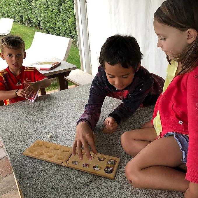 TOWO Mancala Board Game - Kalaha Board Game with Folding Wooden Board Natural Stone Pebbles -Families Board Games-Mancala Games Strategic Game for Kids Adult