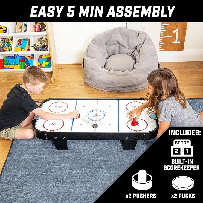 GoSports 40 Inch Table Top Air Hockey Game for Kids - AC Outlet Powered Motor - Black or Oak