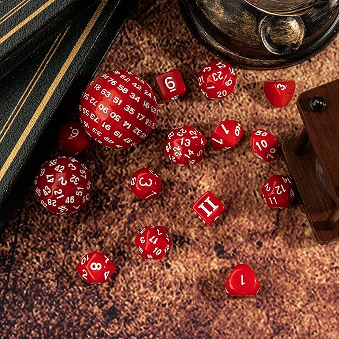 15 Pieces Complete Polyhedral DND Dice Set D3-D100 Spherical D&D Dice Set with Dragon Eye Dice Bag, D100 Dice for Dungeons and Dragons, RPG, MTG Table Games(Red w/White Numbers)