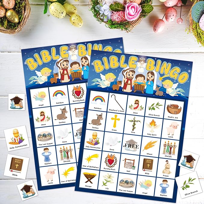 Joy Bang Bible Bingo Games for Kids, Bible Bingo Cards 24 Player Sunday School Crafts for Kids Easter Christian Religious Activities Games Holiday Nativity Party Favors Gifts for Childrens