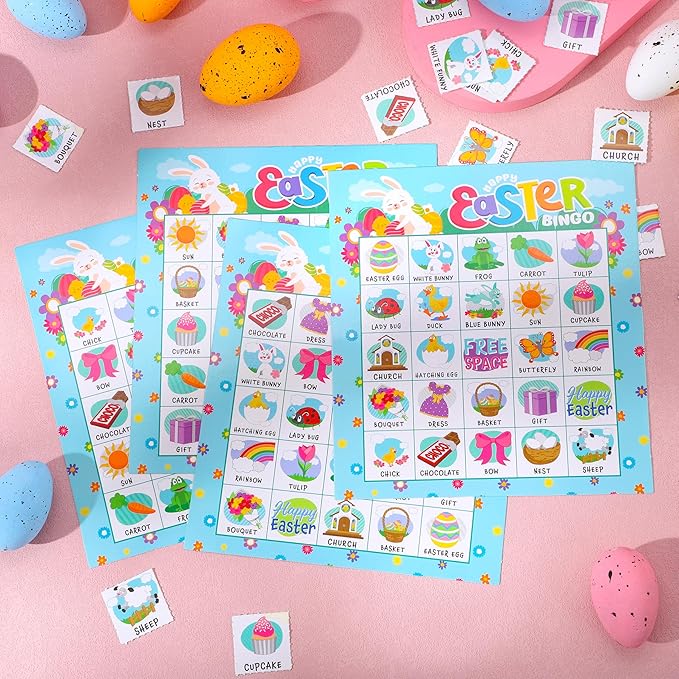 JOYIN 28 Players Easter Bingo Card (5x5) with Blue Color for Kids, Boys, Girls and Adults, Easter Games, School Classroom Activities and Easter Basket Stuffers