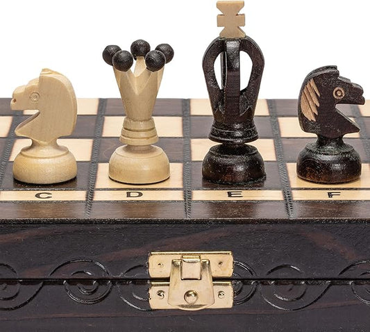 Husaria European International Chess Wooden Game Set, King's Continental - 13.8 Inches Medium Size Chess Set with Handcrafted Chessmen and Felted Folding Board