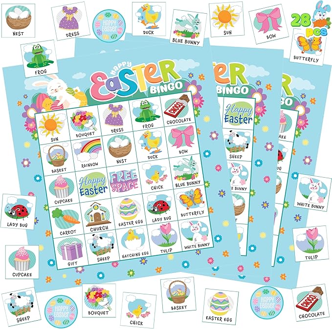 JOYIN 28 Players Easter Bingo Card (5x5) with Blue Color for Kids, Boys, Girls and Adults, Easter Games, School Classroom Activities and Easter Basket Stuffers