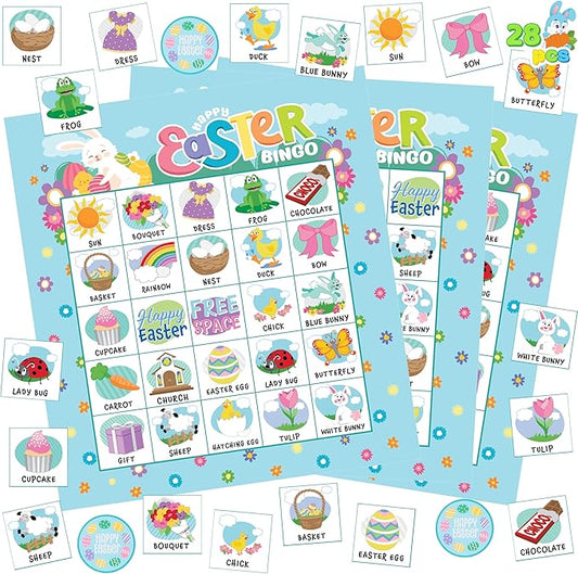 JOYIN 28 Players Easter Bingo Card (5x5) with Blue Color for Kids, Boys, Girls and Adults, Easter Games, School Classroom Activities and Easter Basket Stuffers