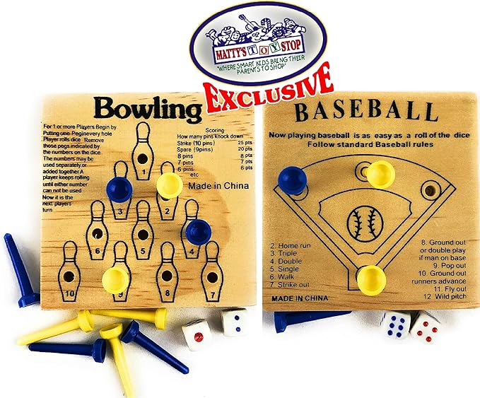 Matty's Toy Stop Deluxe Classic Peg Games Wood Puzzles (Baseball, Basketball, Bowling, Conqueror, Football, Golf, Mill & Tic Tac Toe) Gift Set Bundle with Bonus Storage Bag - 8 Pack