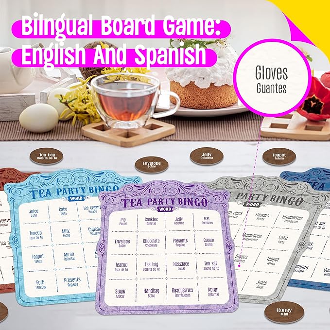 Tea Party Bingo Game, 12PCS Bilingual English and Spanish Bingo Board Game, 12 Players Bingo Game Set for Teenager, Adults, Families or Friends Activities, Fun Interesting Activity Party Supplies