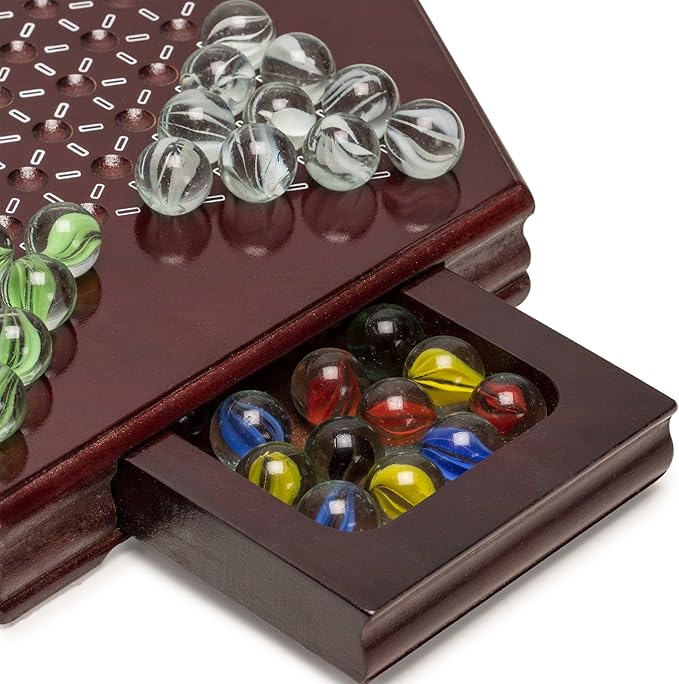 Yellow Mountain Imports Wooden Chinese Checkers Halma Board Game Set (12-Inch) with Storage Drawer and 60 Colored Glass Marbles (14mm) - Classic Strategy Game