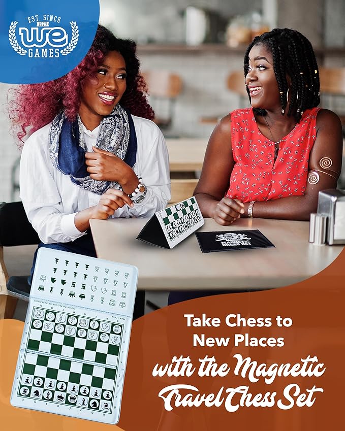 WE Games Mini Magnetic Travel Chess Set – 6-Inch Foldable Board with Durable Vinyl Pieces & Extra Queens– Indoor & Outdoor Magnetic Chess Game - White Logo