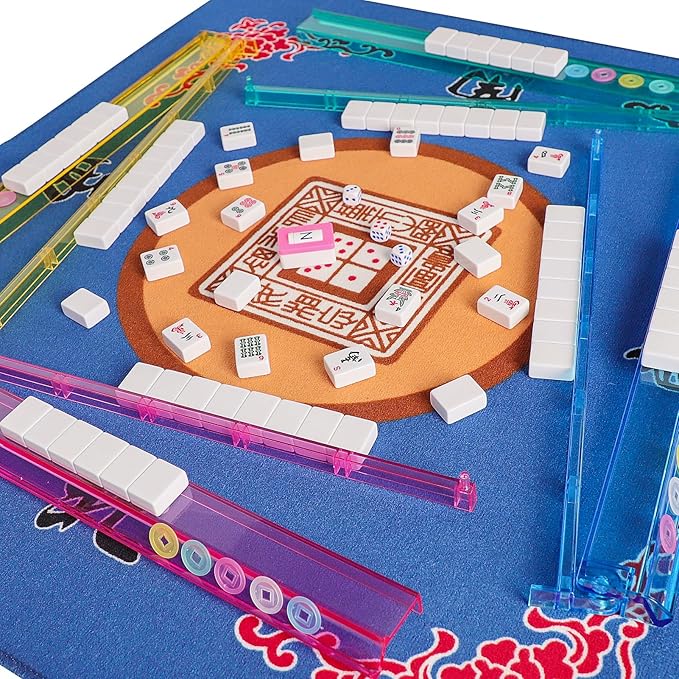 American Mahjong Game Set, 166 Premium White Tiles, 4 All-in-One Color Rack/Pushers, Complete Mahjong Set Blue Carrying Bag