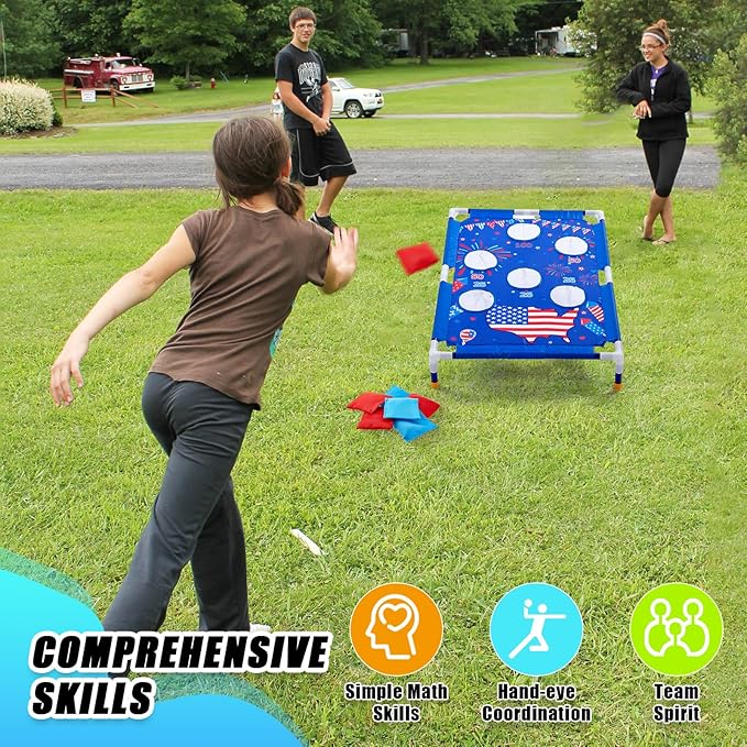 4th of July Bean Bag Toss Games with 6 Bean Bags American Flag Portable PVC Framed Corn Hole Game Set for Independence Day Patriotic Party Outdoor Game Party