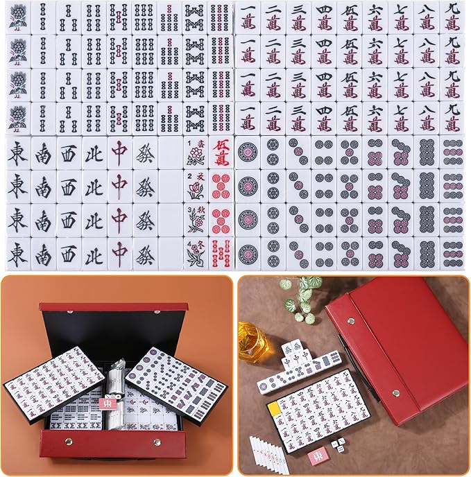 Japanese Riichi Mahjong Set, White and Yellow Tiles - with Red Box, East Wind Tile, Set of Scoring Sticks, Dices, and Mahjong mat.