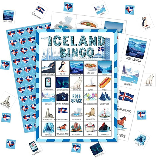 Iceland Bingo Games, Travel Trip Bingo Cards, Iceland Theme Party Game for Adults Family, Christmas Party Activities, 24 Bingo Sets, A001