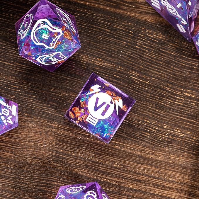 Cusdie Sharp Edges DND Dice, 7 PCs D&D Dice, Handcrafted Polyhedral Dice Set, for Role Playing Game Pathfinder(Purple/Roman Numerals)