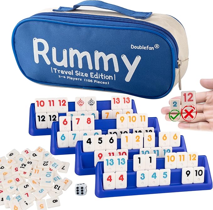 Doublefan Mini Rummy Set,Travel Size Rummy Game with Portable Bag, Mini Rummy Cube Game for Adult and Kids,106 Tiles, 4 Playing Rack, 1 Dice (2-4 Players)
