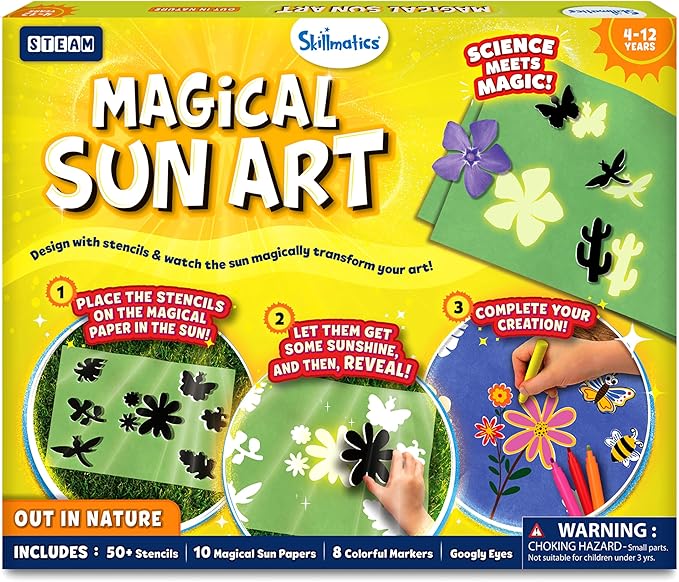 Skillmatics Sun Paper Art Kit - Mess-Free DIY STEM Craft Kit for Kids, Design with Stencils, Create with Sunlight, Color with Markers, Indoor, Outdoor Play, Gifts for Ages 4, 5, 6, 7, 8, 9, 10, 11, 12