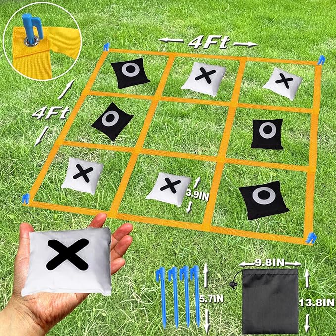 Giant Tic Tac Toe Strap Game Outdoor, 4FT x 4FT Portable Tic Tac Toe Bean Bag Toss with 10pcs Bean Bag, Large Outdoor Lawn Yard Backyard Carnival Field Day, Jumbo Yard Games for Kids Adults Family