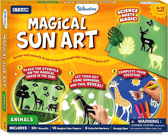 Skillmatics Sun Paper Art Kit - Mess-Free DIY STEM Craft Kit for Kids, Design with Stencils, Create with Sunlight, Color with Markers, Indoor, Outdoor Play, Gifts for Ages 4, 5, 6, 7, 8, 9, 10, 11, 12