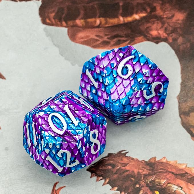 UDIXI Metal Dice Set Dragon Scale Polyhedral D&D Dice with Leather Dice Pouch for Dungeons and Dragons Role Playing Games and Other Tabletop Game (Blue with Purple)