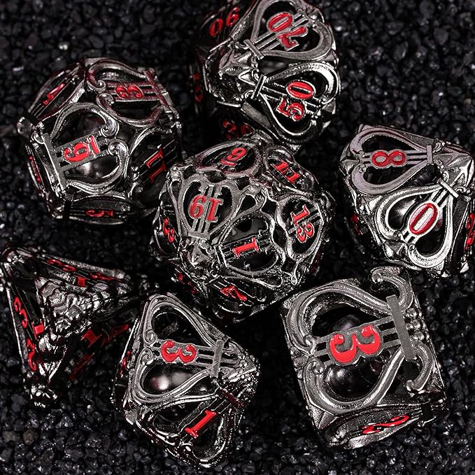 Cusdie 7-Die Metal Dice Set - Hollow Design with Bells - Crisp Sounding Gaming Dice in Tin Box - Perfect for Tabletop RPGs & Board Games(Black w/Red Numbers)