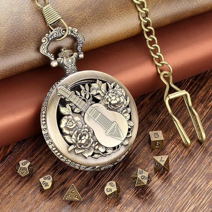 Mini DND Dice Set Steampunk Hollow Bard Pocket Watch Shell Case, 7pcs Tiny Polyhedral Metal D&D Dice Set, DND Gifts with Leather Bag, Role Playing Board Games Accessories, Bronze