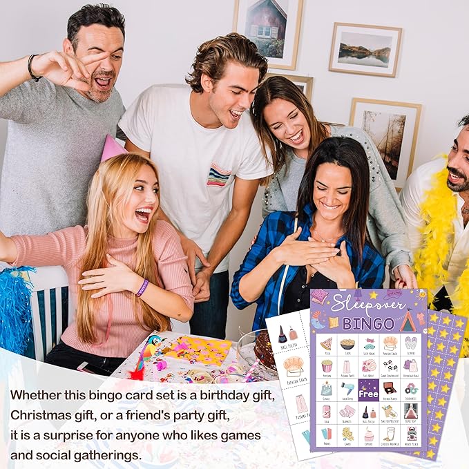 Sleepover Bingo Card, Slumber Bingo Set for Adults Large Group Family Friends, Pajama Party Game, Spa Party Supplies Decorations, Holiday Games for 24 Players -02