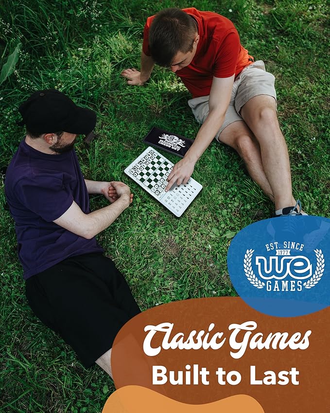WE Games Mini Magnetic Travel Chess Set – 10-Inch Foldable Board with Durable Vinyl Pieces & Extra Queens– Indoor & Outdoor Magnetic Chess Game - White Logo