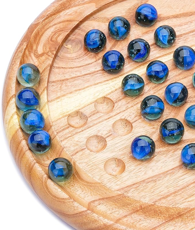 Ajuny Handcrafted Wooden Solitaire Board Game, Classic Round Design with 33 Marbles, 9x9 Inch – Strategic Mind Game for All Ages