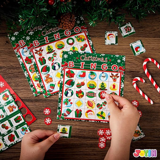 JOYIN 28 Players Christmas Bingo Cards (5x5) for Kids Xmas Party Supplies Goodies Games, Kids School Classroom Goody Gift Filler Stuffers, Indoor Family Activities (Christmas)