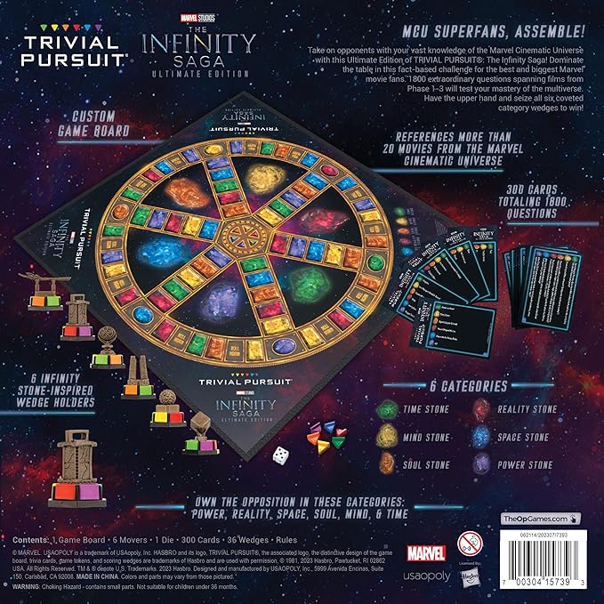 Trivial Pursuit: Marvel Cinematic Universe Ultimate Edition | Officially Licensed | Collectible Trivia Board Game Featuring 6 Infinity Stone Location Movers, 1800 Questions, MCU Phases 1-3