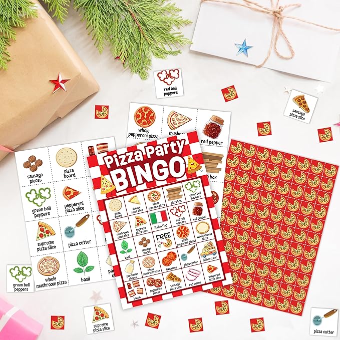 Pizza Party Bingo Card, Pizza Bingo Set for Adults Large Group Family Friends, Sleepover Party Game, Gourmet Food Bingo Kit for Birthday, Holiday Games for 24 Players -05