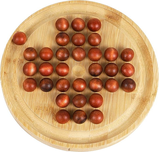TOWO Wooden Solitaire Game –Peg Solitaire Puzzle Toy - Classic Board Game Marble Chess Mind Game 22.5 CM 8.8” Round Board with Wooden Balls One Player Gameplay Brainteaser Puzzle