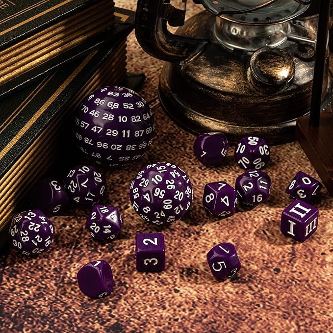 15 Pieces Complete Polyhedral DND Dice Set D3-D100 Spherical D&D Dice Set with Dragon Eye Dice Bag, D100 Dice for Dungeons and Dragons, RPG, MTG Table Games(Purple w/White Numbers)