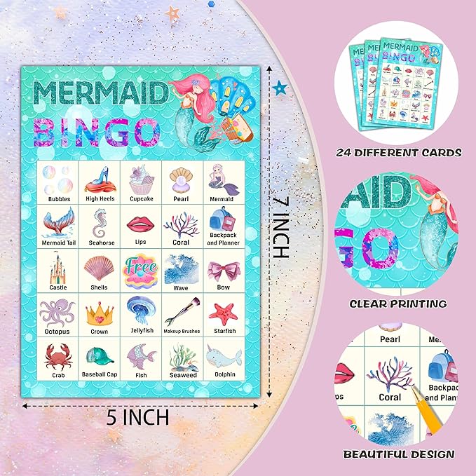 Mermaid Bingo Cards, Mermaid Bingo Games for 24 Players, Under The Sea Party Games for Family Friends Large Group Activities, Ocean Themed Birthday Party Supplies Decorations(31)