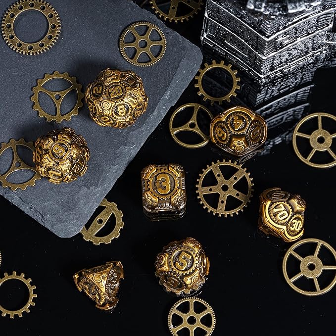 Metal Dice Set D&D, 7-Die DND Dice Metal Gear Dice with Gift Bag for DND Dungeons and Dragons Role Playing Games(Antique Gold)