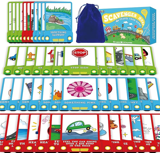SpriteGru 50PCS Travel Scavenger Hunt Card Game, Road Trip Car Games Fun Eye Find & Seek Card Game Funny Activity for Activities for Family Vacations, Road Trips and Car Rides, Ages 4 and Up