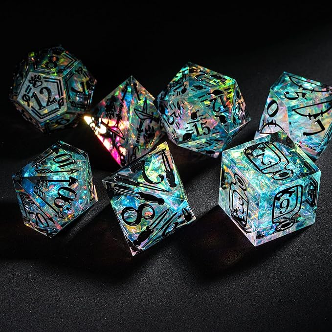 Cusdie 7-Die Sharp Edges DND Dice Set, Ranger Pattern Polyhedral D&D Dice Set for DND Dungeons and Dragons TTRPG Role Playing Games(Transparent w/Black Ranger Pattern)