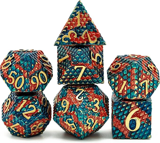 UDIXI Metal Dice Set, Dragon Scale D&D Metal DND Dice with Dice Pouch for Role Playing Games Dungeons and Dragons and Other Tabletop Game (Blue with Orange)