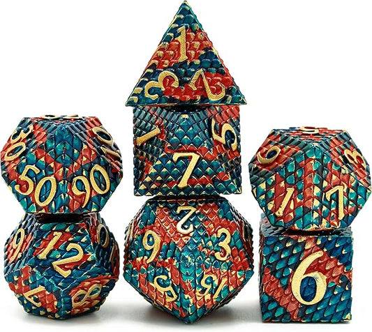 UDIXI Metal Dice Set, Dragon Scale D&D Metal DND Dice with Dice Pouch for Role Playing Games Dungeons and Dragons and Other Tabletop Game (Blue with Orange)