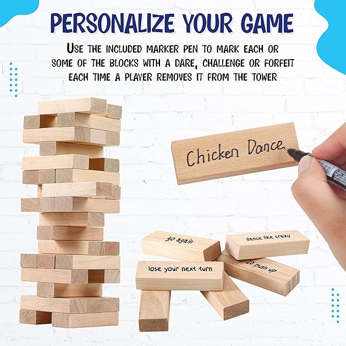 BETTERLINE Wooden Tower Stacking Blocks Drinking Game - 48 Pieces - Tumbling Tower for Adults - Friends Party Game, Bachelor Party, Bachelorette Party (48 Pieces)